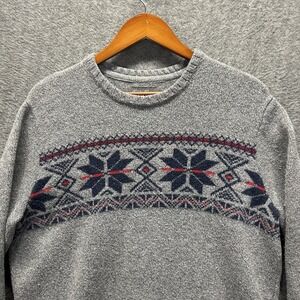 Eddie Bauer Fair Isle Sweater Men's L Pullover Wool Gray Blue Red Crewneck